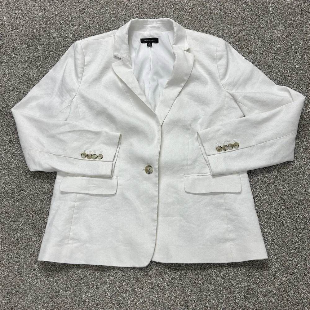 Ann Taylor Pant Suit Blazer Jacket Womens 14 White One Button Lined Office